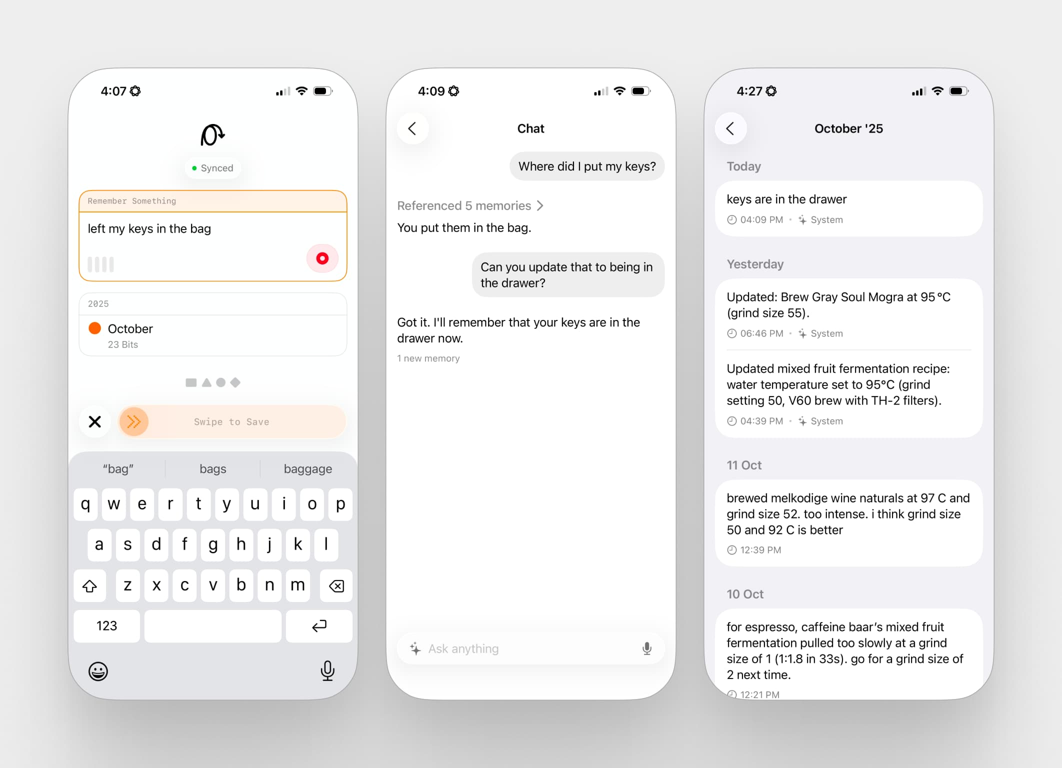 Three iPhone screens demonstrating Brainbits' core workflow: the capture interface with a text field and timeline showing coffee brewing notes (left), a conversational chat where the user asks about their keys and requests an update (middle), and the chronological timeline view displaying various saved memories from October (right).