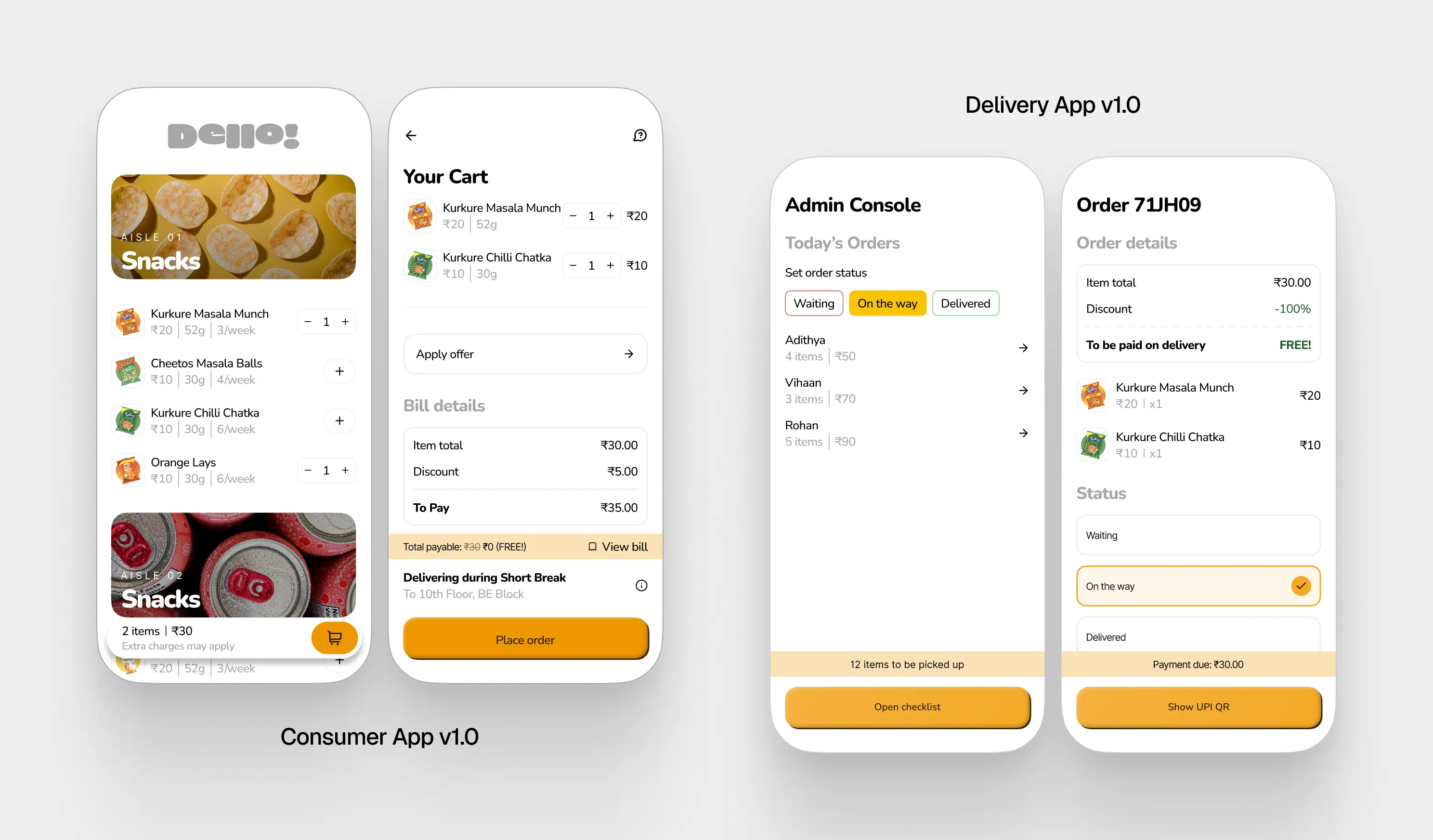 Four screenshots of the first version of Dello. The left two screenshots show the app interface, while the right two show the delivery partner interface.