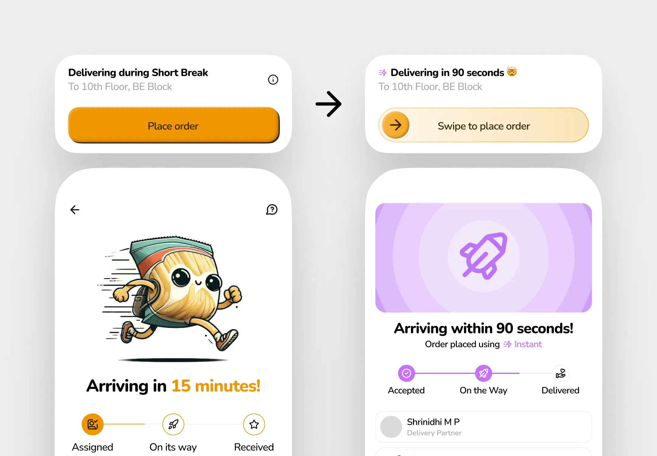 Comparison screenshots between v1 and v2 of Dello. v1 shows a 15-minute delivery time, while v2 shows a 90-second delivery time.