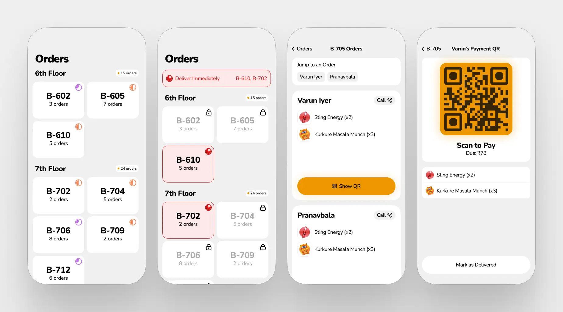 Four screenshots showing the order management flow for Dello in the redesigned delivery partner app.