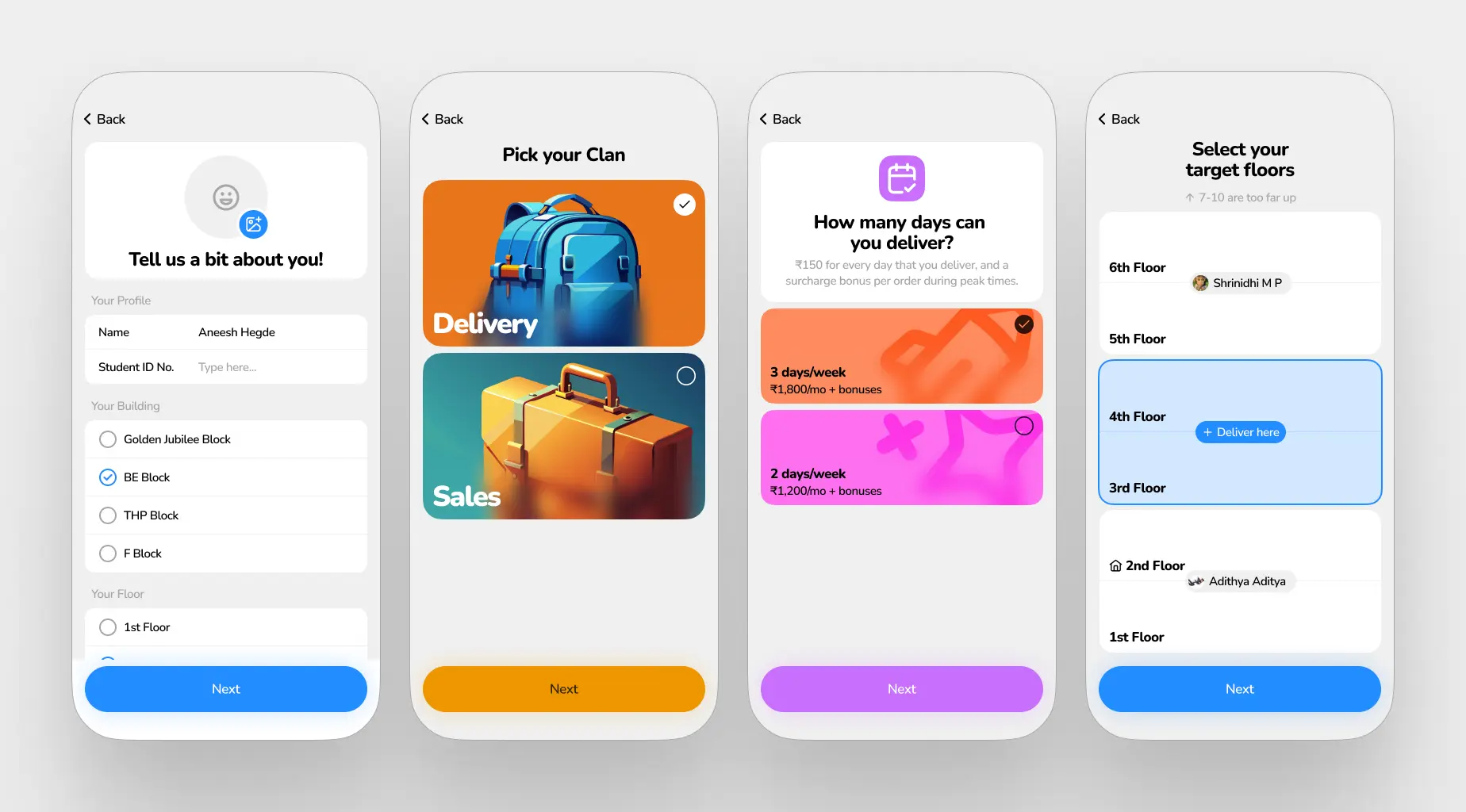 The four-screen partner onboarding flow for Dello showing: (1) profile setup with name, student ID, building and floor selection, (2) role selection between Delivery and Sales, (3) work frequency options with earnings estimates, and (4) target floor selection showing which floors are available or already assigned to other partners.
