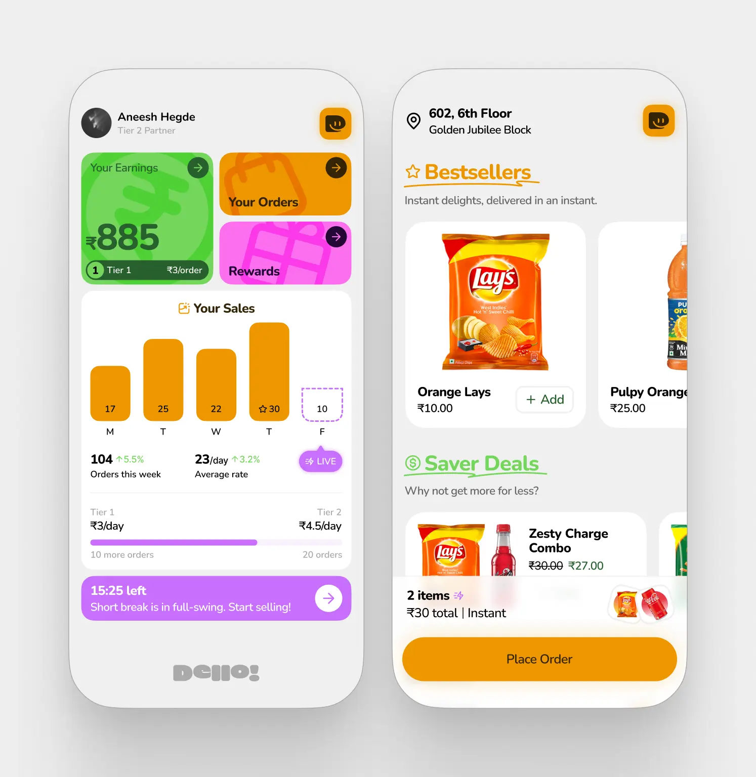 The Dello sales partner dashboard (left) showing earnings of ₹885, weekly sales metrics, tier progression, and live break timer, alongside the consumer ordering interface (right) displaying the product catalog with bestsellers and saver deals at the Golden Jubilee Block location