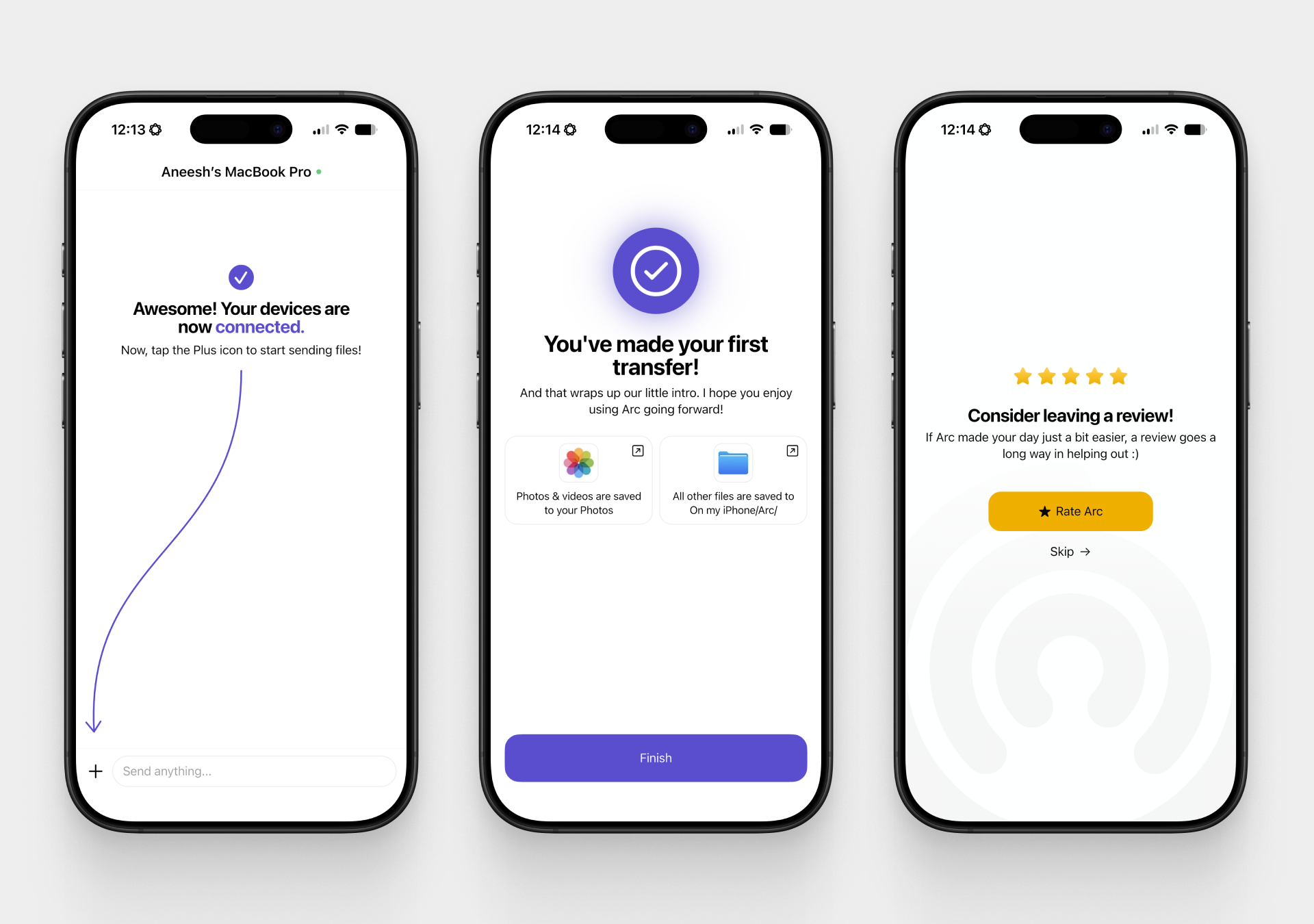 Arc onboarding flow for completing a first transfer